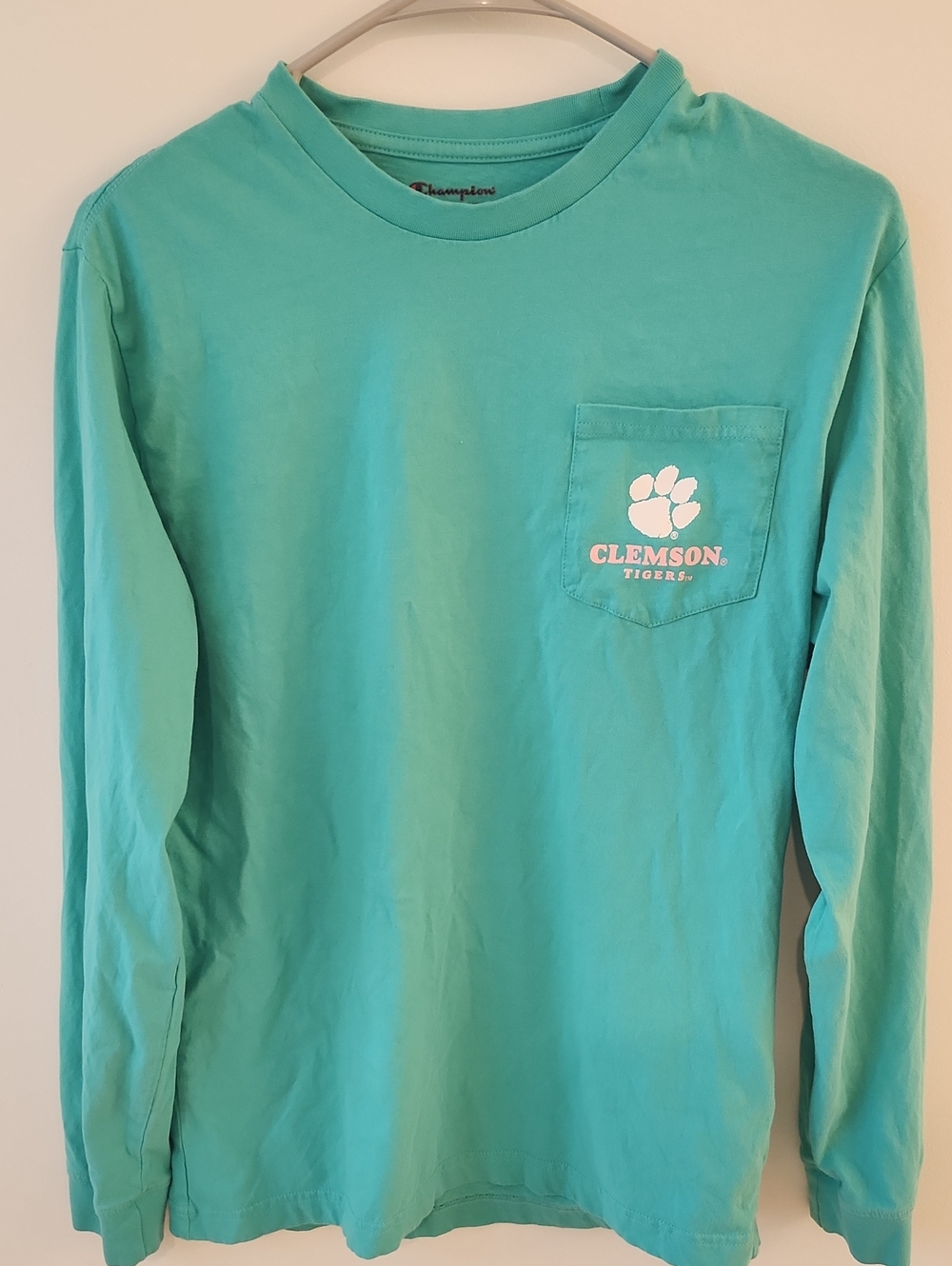 Clemson Champion Teal Long Sleeve Pocket Tee with White Clemson Paw